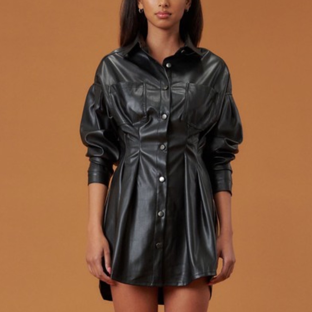 FAUX LEATHER LONG SLEEVE MINI DRESS - Picture 1 of 8
